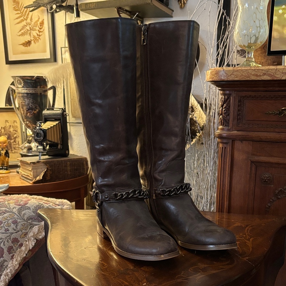 Coach Brown Leather Knee-High Boots with Chain Detail